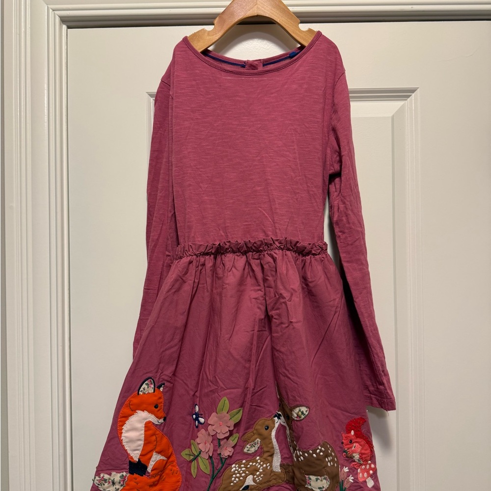 Mini Boden Mauve Dress with Woodland Animal Appliqué, Size 9/10